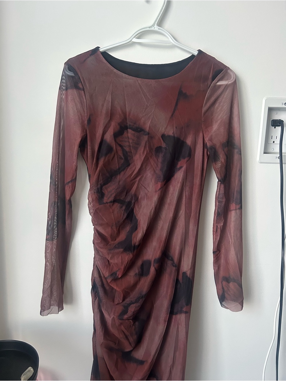 Women’s Long Sleeve Ruched Mesh Dress in Brown and Black